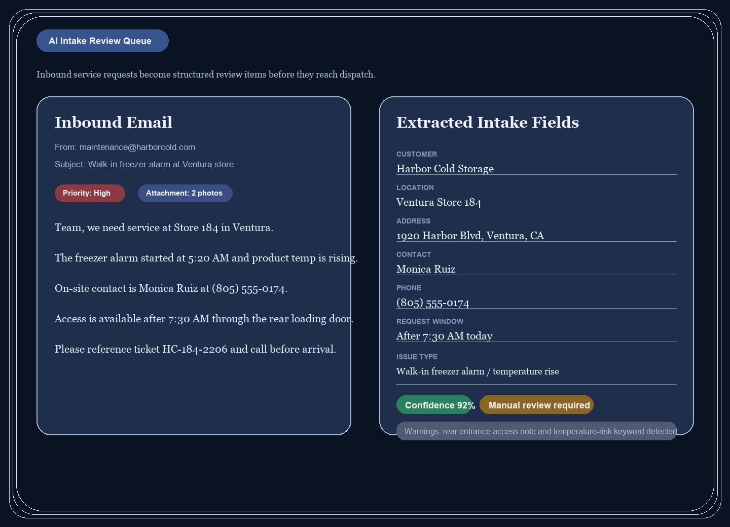 AI intake review board with extracted service request fields